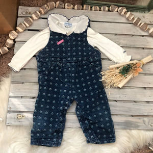 RARE Vintage Oshkosh B’Gosh Flowers Floral White Blue Overalls Under Shirt Set